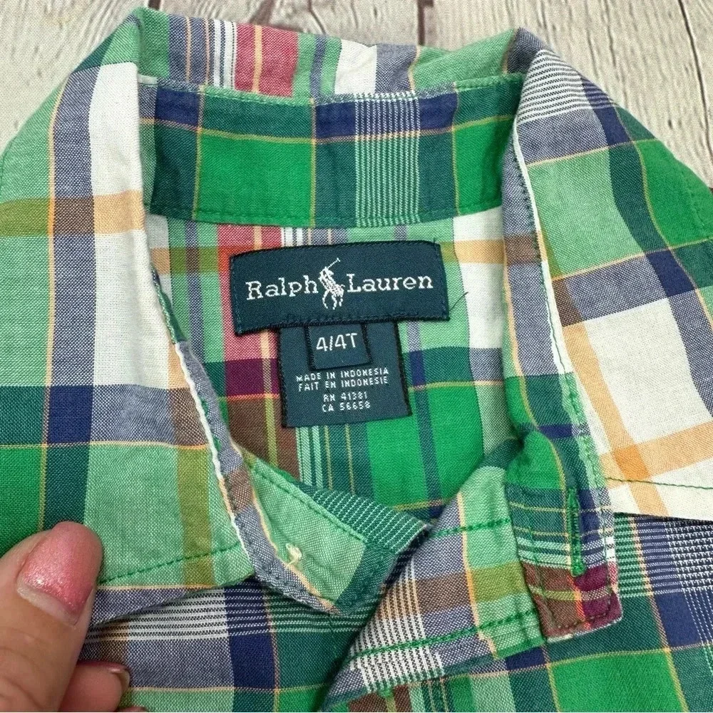 ralph lauren plaid button up short sleeve boys sz 4 4T preppy horseman logo